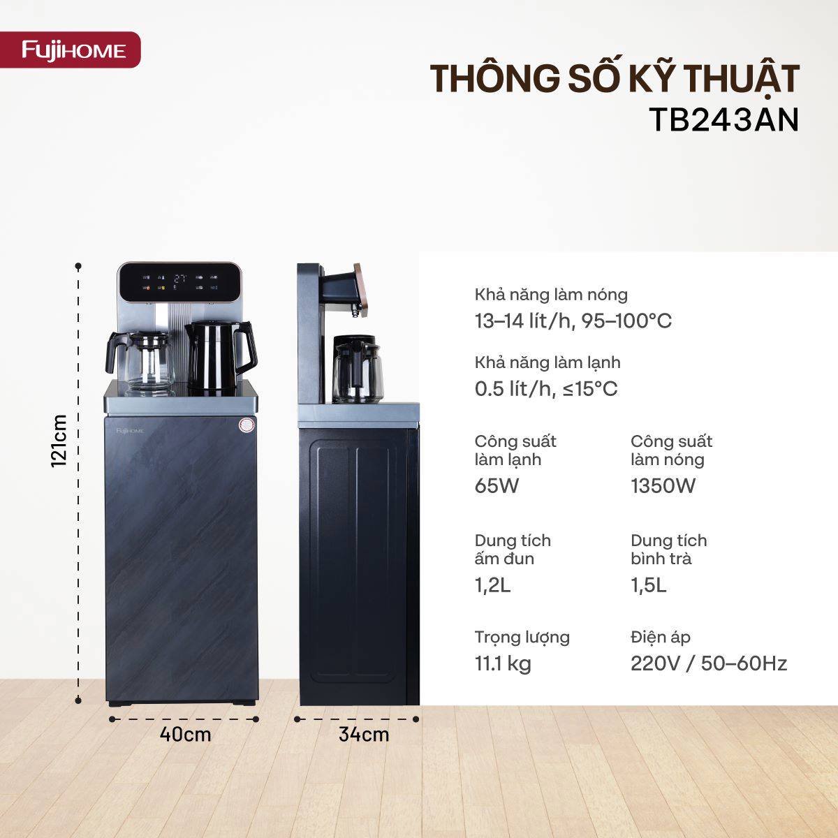 Thông số cây nước nóng lạnh kết hợp bàn trà Fujihome TB243AN